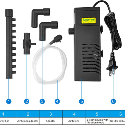 100GPH 5W Internal Aquarium Filter with Aeration, Submersible Filter for 5-15 Gallon Tanks