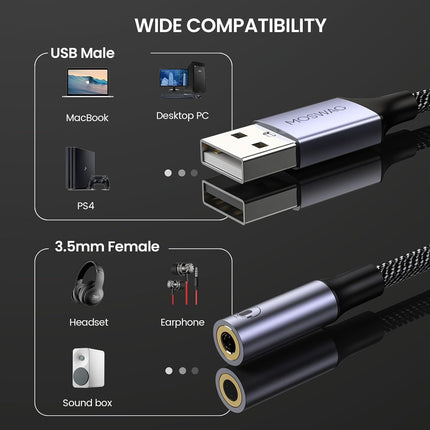 USB to 3.5mm Audio Adapter External Sound Card for Headset Mic PC Laptop