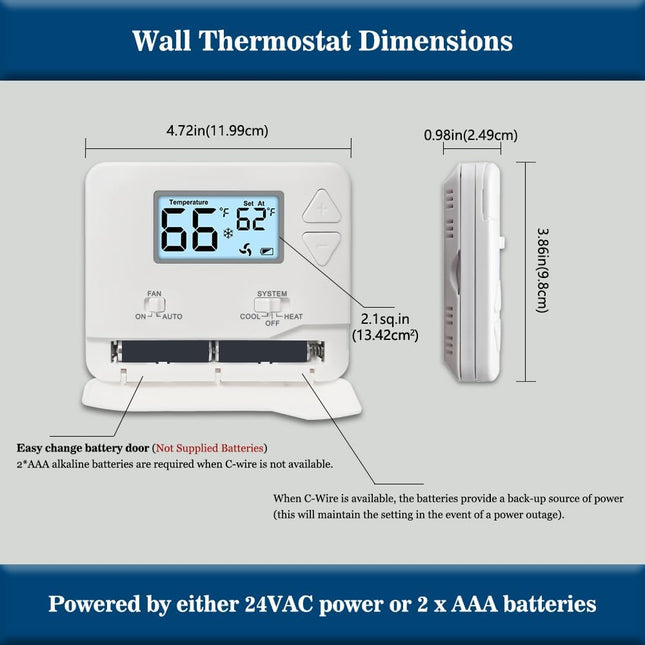 Digital Non-Programmable Thermostat for 1 Heat/1 Cool Systems, Energy-Saving