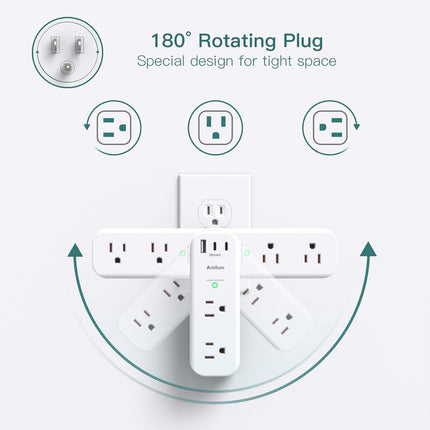 Rotating 6-Outlet Wall Surge Protector, 3 USB Ports (2 USB-C), 1800J