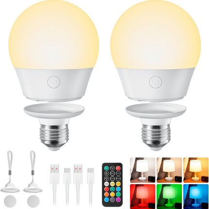 2 Pack E26 Rechargeable LED Light Bulbs with Remote Timer Magnetic Base RGB Colours