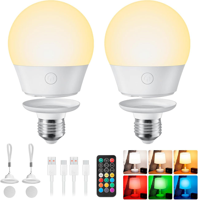 2 Pack E26 Rechargeable LED Light Bulbs with Remote Timer Magnetic Base RGB Colours