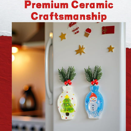 Christmas Refrigerator Magnets – Snowman, Tree & Red Berry Ceramic Decor