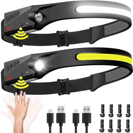 2PCS Rechargeable LED Headlamps, 230° Wide Beam Motion Sensor, Waterproof