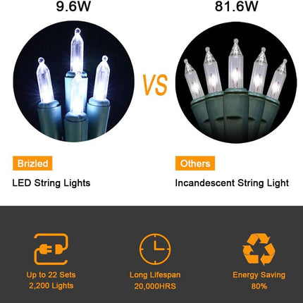 2 Pack 33ft 100 LED Christmas Lights – UL Certified Clear Mini Lights, Green Wire