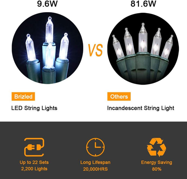 2 Pack 33ft 100 LED Christmas Lights – UL Certified Clear Mini Lights, Green Wire