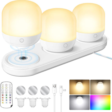 3 Pack Rechargeable LED Light Bulbs with Magnetic Charging Station Remote Control RGB