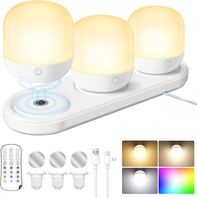 3 Pack Rechargeable LED Light Bulbs with Magnetic Charging Station Remote Control RGB