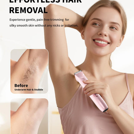 2-in-1 Bikini Trimmer for Women, Dual-Head Waterproof Rechargeable Shaver, Pink