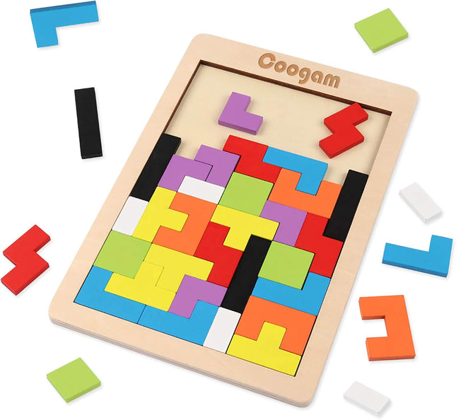 Wooden Tangram Puzzle Blocks – 3D STEM Brain Teaser Toy for Kids (40 Pcs)