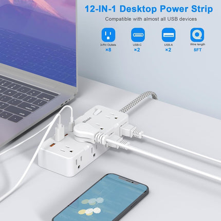 Multi Plug Power Strip – 8 Outlets, 4 USB Ports, Flat Plug & Wall Mount