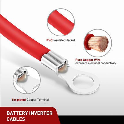 6AWG 20" Battery Inverter Cables, 3/8" Lugs, Tinned Copper Red & Black Wires