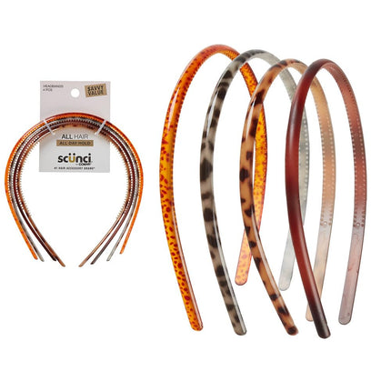 4 Count Skinny Plastic Headbands Women Men Assorted Tortoise Hair Accessories