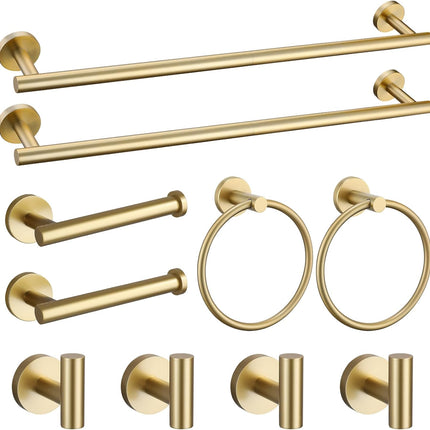 10pc Brushed Gold Bathroom Towel Bar Set, SUS304 Stainless Steel, 23.6 Inch Rack