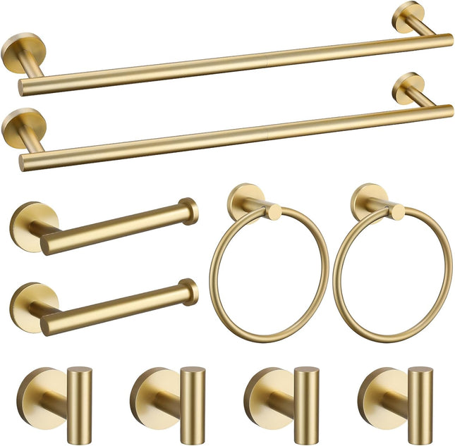 10pc Brushed Gold Bathroom Towel Bar Set, SUS304 Stainless Steel, 23.6 Inch Rack