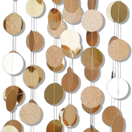 6Pcs Glitter Champagne Gold Circle Dot Garland, 52ft Party Hanging Decorations