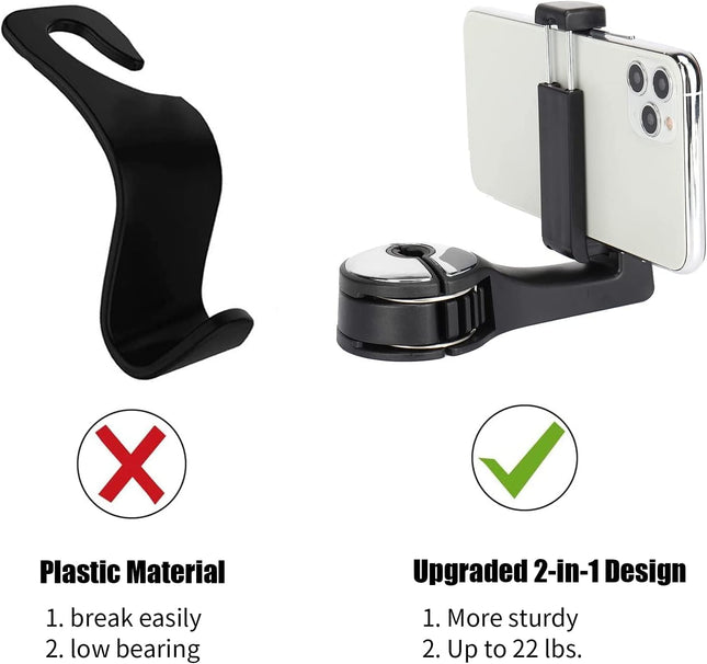 2 Pack Car Headrest Hooks – 2 in 1 with Phone Holder, Purse, Toy & Bottle Organizer