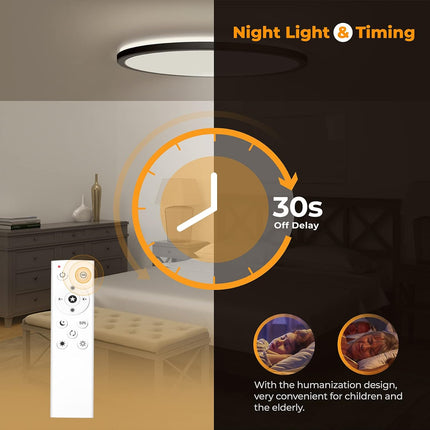 Black LED Flush Mount Ceiling Light, 15.4", Dimmable with Remote for Living Room