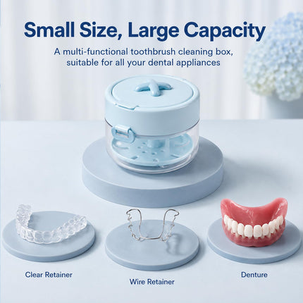 3-in-1 Denture & Retainer Cleaning Case, Large Capacity Bath Box with Mirror, Brush & Tool, Pink