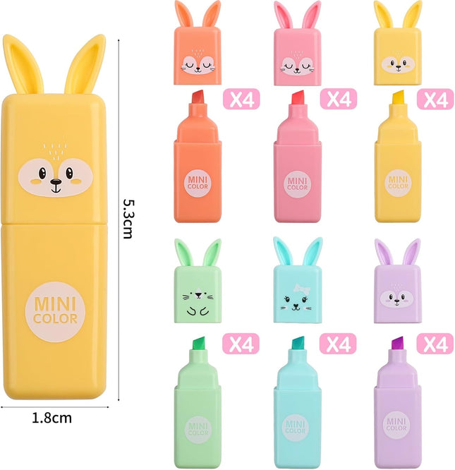 24 Cute Rabbit Highlighters – 6 Macaron Colors, Chisel Tip, Kawaii Pastel for School & Journaling