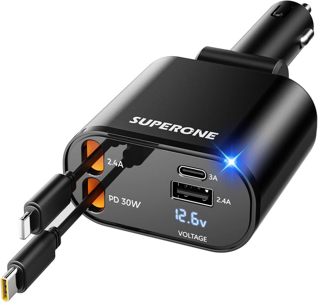 4 in 1 Retractable Car Charger – Fast Charging, USB C & Apple Adapter, 2.6ft Cord