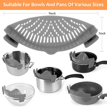 Clip On Silicone Strainer for Pots Pans Collapsible Colander Grey Kitchen