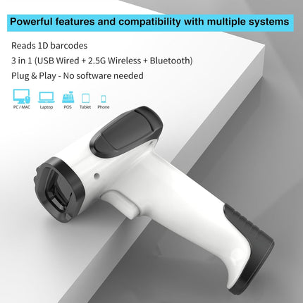 3-in-1 Wireless Barcode Scanner – Bluetooth, 2.4GHz & USB, 1800mAh for POS & Warehouse