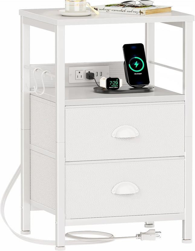 White Nightstand with Charging Station, 2 Fabric Drawers, USB Ports, Outlets and Hooks