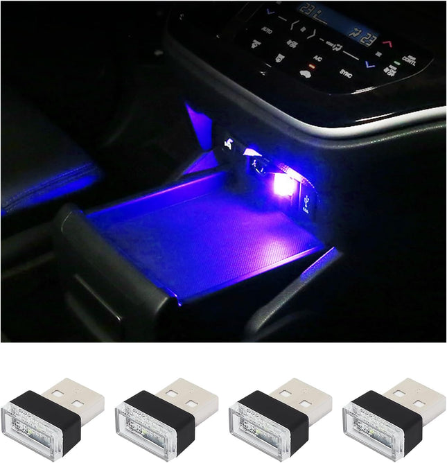 4 PCS USB LED Car Interior Atmosphere Lights – Blue Ambient Lighting for Most Cars