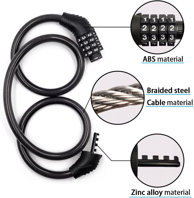 3-Foot Combination Bike Lock – 4-Digit Resettable Cable for Scooter & Bike