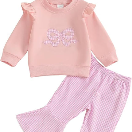 Infant Baby Girl Fall Clothes – Ruffle Sweatshirt & Plaid Bell Bottom Set