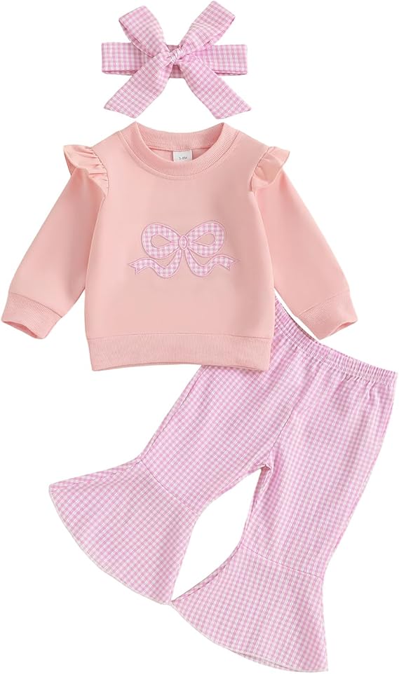 Infant Baby Girl Fall Clothes – Ruffle Sweatshirt & Plaid Bell Bottom Set