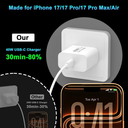 2-Pack 40W USB-C Charger with 10FT Cable – Fast Charging for iPhone 17–15