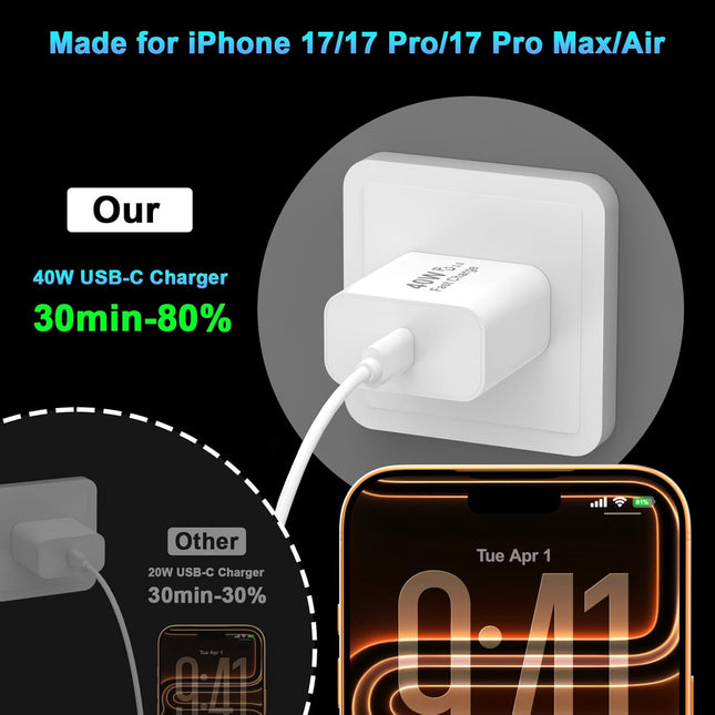 2-Pack 40W USB-C Charger with 10FT Cable – Fast Charging for iPhone 17–15