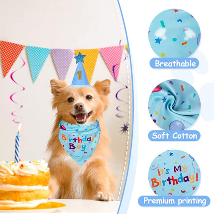 Dog Birthday Party Set: Bandana & Hat for Small, Medium, Large Dogs (Blue)