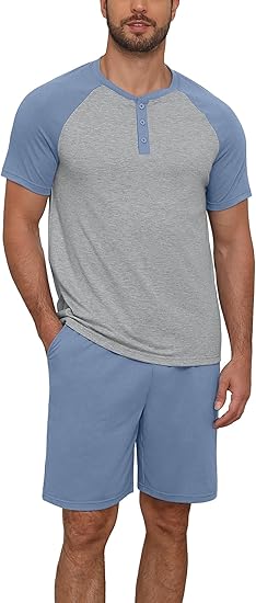 Men’s 2 Piece Henley Pajama Set Lightweight Short Sleeve Sleepwear