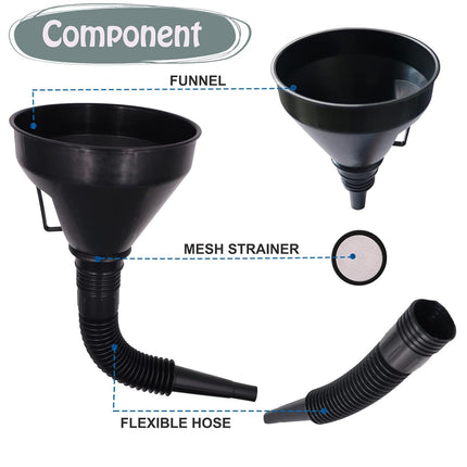 Plastic Oil Funnel Set of 5, Flexible Automotive Fuel Funnel with Long Hose