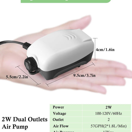 2W Nano Aquarium Air Pump, 57GPH Adjustable Dual Outlet Aerator for 1-50 Gallon Tanks