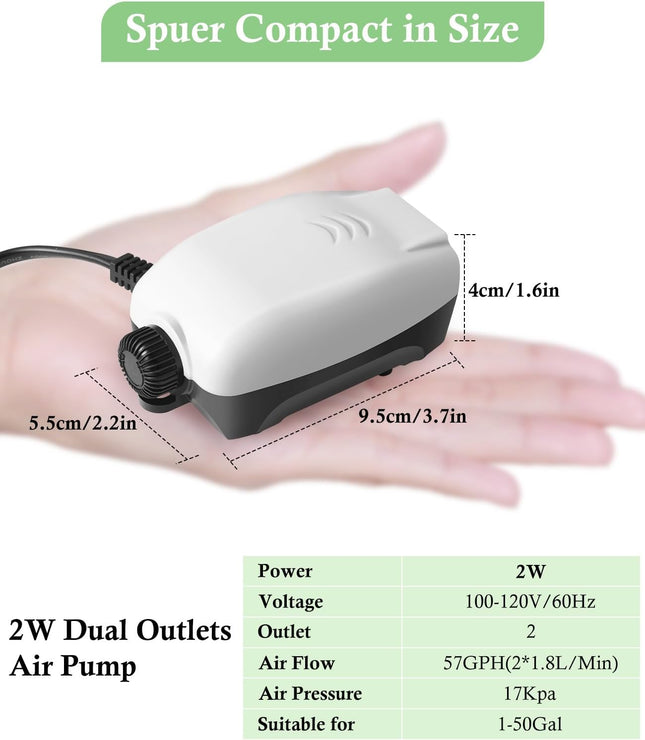2W Nano Aquarium Air Pump, 57GPH Adjustable Dual Outlet Aerator for 1-50 Gallon Tanks