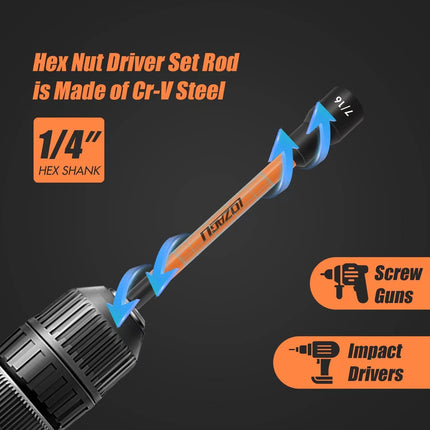 16-Pcs Long Magnetic Nut Driver Set – SAE & Metric, 6" Hex Shank, Cr-V Steel