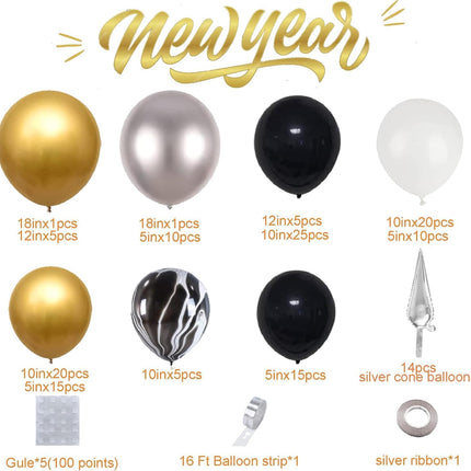 New Year 2026 Balloon Arch Kit Black Gold Silver White Star Party Decorations