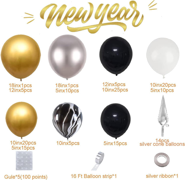 New Year 2026 Balloon Arch Kit Black Gold Silver White Star Party Decorations