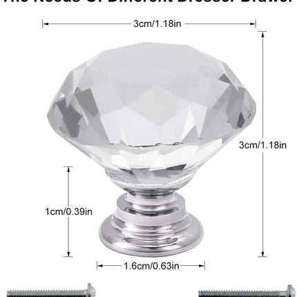 6Pcs Crystal Glass Cabinet Knobs 30mm Diamond Drawer Pull Handles Clear