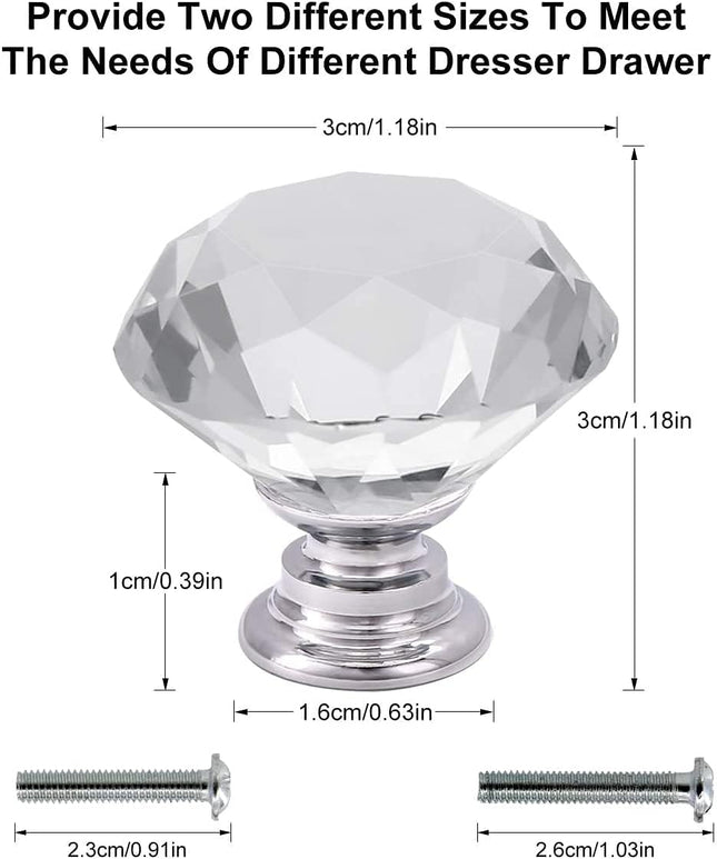 6Pcs Crystal Glass Cabinet Knobs 30mm Diamond Drawer Pull Handles Clear