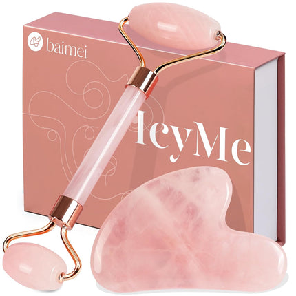 Rose Quartz Face Roller Gua Sha Set Depuffing Lymphatic Massage Tool