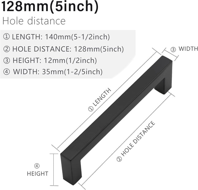 2 Pack Matte Black Cabinet Pulls – 5 Inch Square Stainless Steel Handles