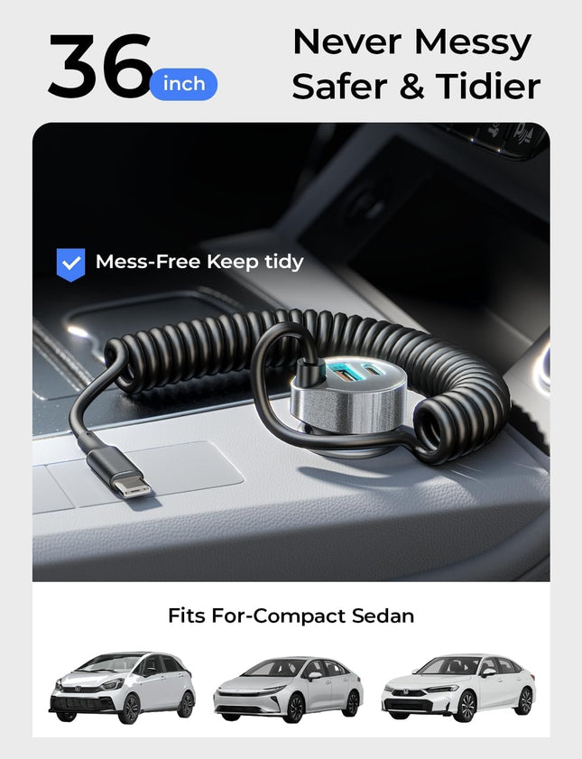 65W USB C Car Charger Fast Charging Adapter for iPhone 17/16/15 & Samsung