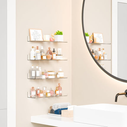 4-Pack 15" Clear Acrylic Floating Shelves – No-Drill Wall Storage & Display