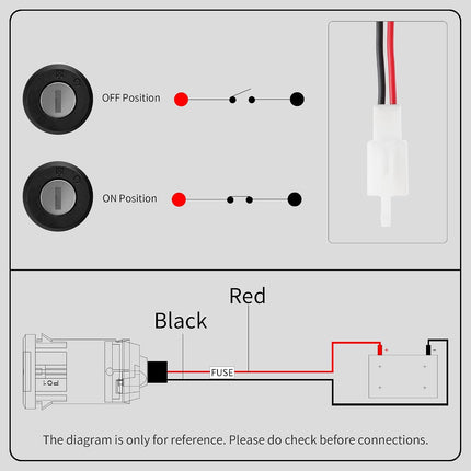 2-Wire Ignition Key Switch Lock, Starter Switch for Electric Trike, Scooter & Golf Cart
