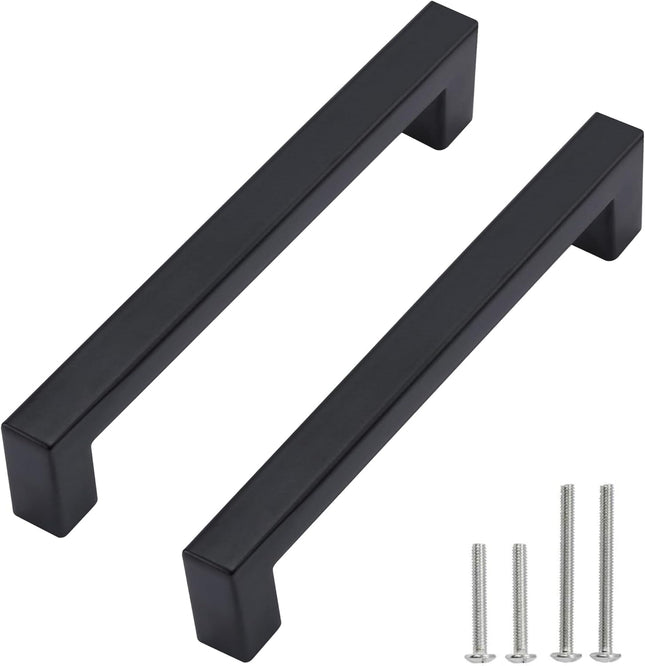 2 Pack Matte Black Cabinet Pulls – 5 Inch Square Stainless Steel Handles